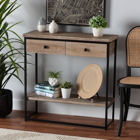 BAXTON STUDIO Silas Modern Industrial Natural Brown Finished Wood and Black Metal 2Drawer Console Table 221-12491-ZORO